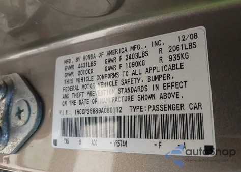 2009 Honda Accord 2.4 Ex-L z USA, uszkodzony, nr VIN 1HGCP25889A080112